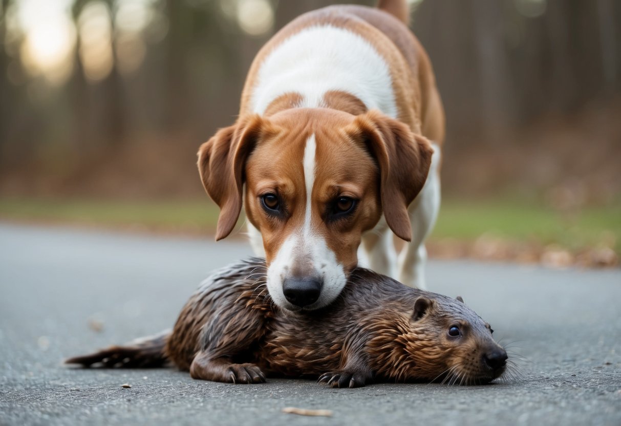 A dog sniffs a beaver carcass, looking ill