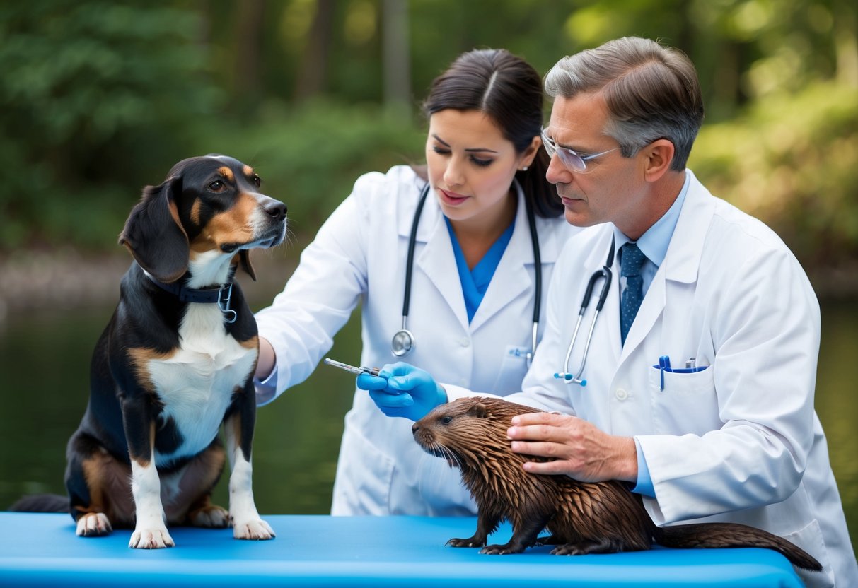 A veterinarian examines a sick dog with a beaver nearby. They discuss the possibility of the dog contracting an infection from the beaver