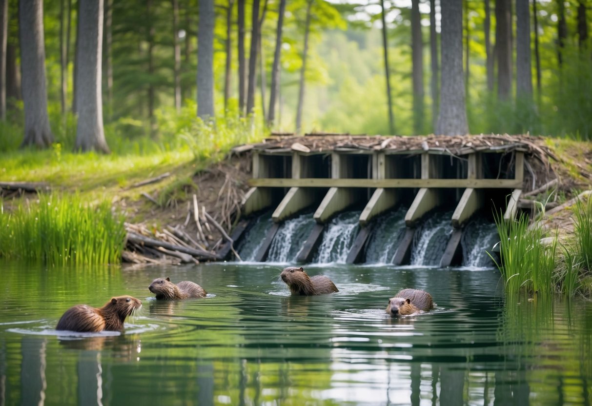 A beaver dam nestled in a serene forest clearing, with a family of beavers swimming and playing in a tranquil pond