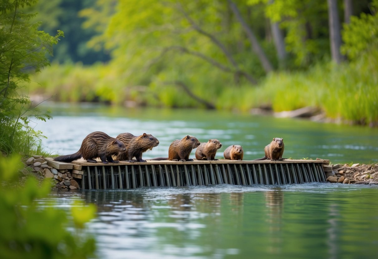 A beaver family building a dam in a tranquil river setting, surrounded by lush green trees and a variety of wildlife