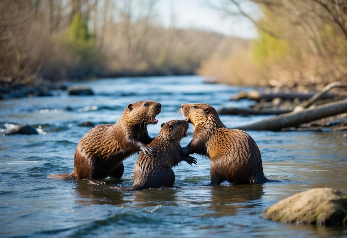 A family of beavers happily playing in a spacious, natural habitat with a flowing river and plenty of trees for them to gnaw on