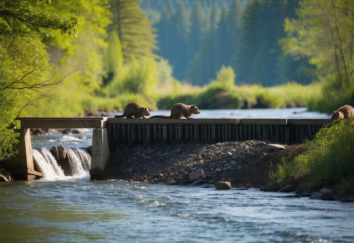 Beavers building a dam in a flowing river, surrounded by lush green trees and other wildlife