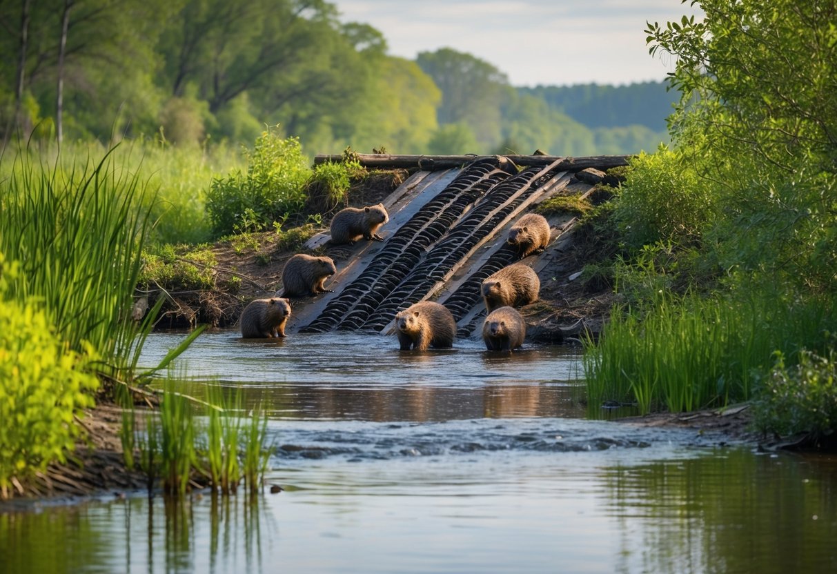 A beaver dam nestled in a serene wetland, surrounded by lush vegetation and a tranquil stream, with the industrious beavers busily building and maintaining their habitat