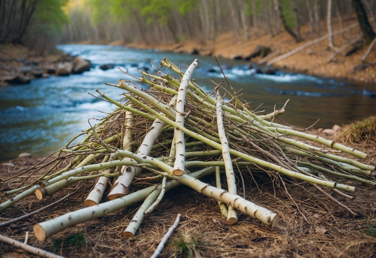 A pile of freshly cut aspen branches and twigs scattered near a tranquil, flowing stream