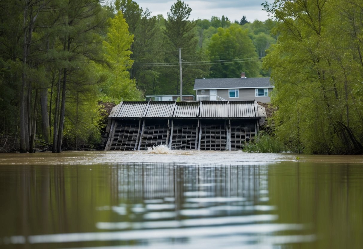 A beaver dam floods a property, causing damage to trees and structures