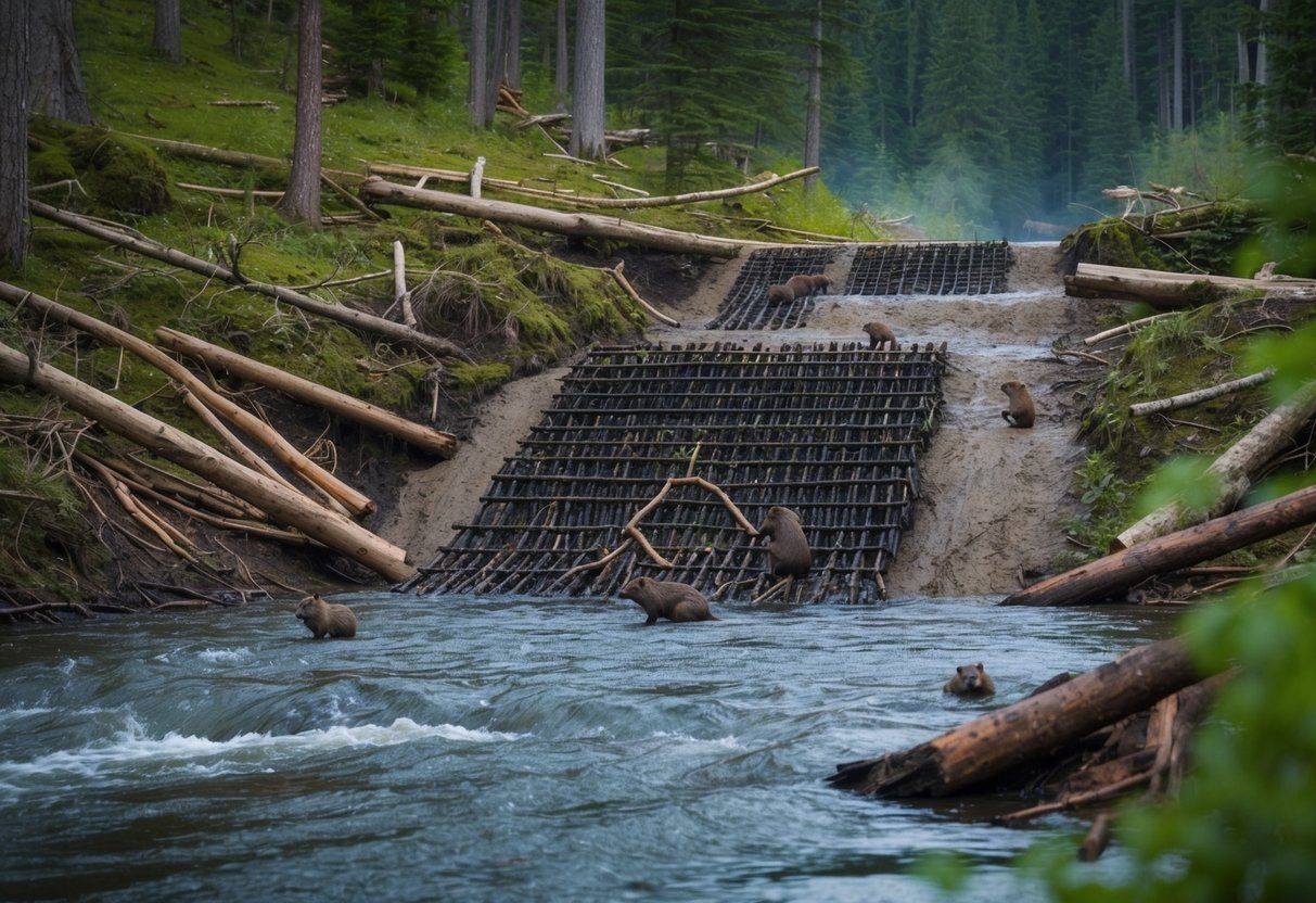 A beaver dam in a lush North American forest, surrounded by felled trees and a flowing river. Beavers can be seen carrying branches and mud to build their intricate structure