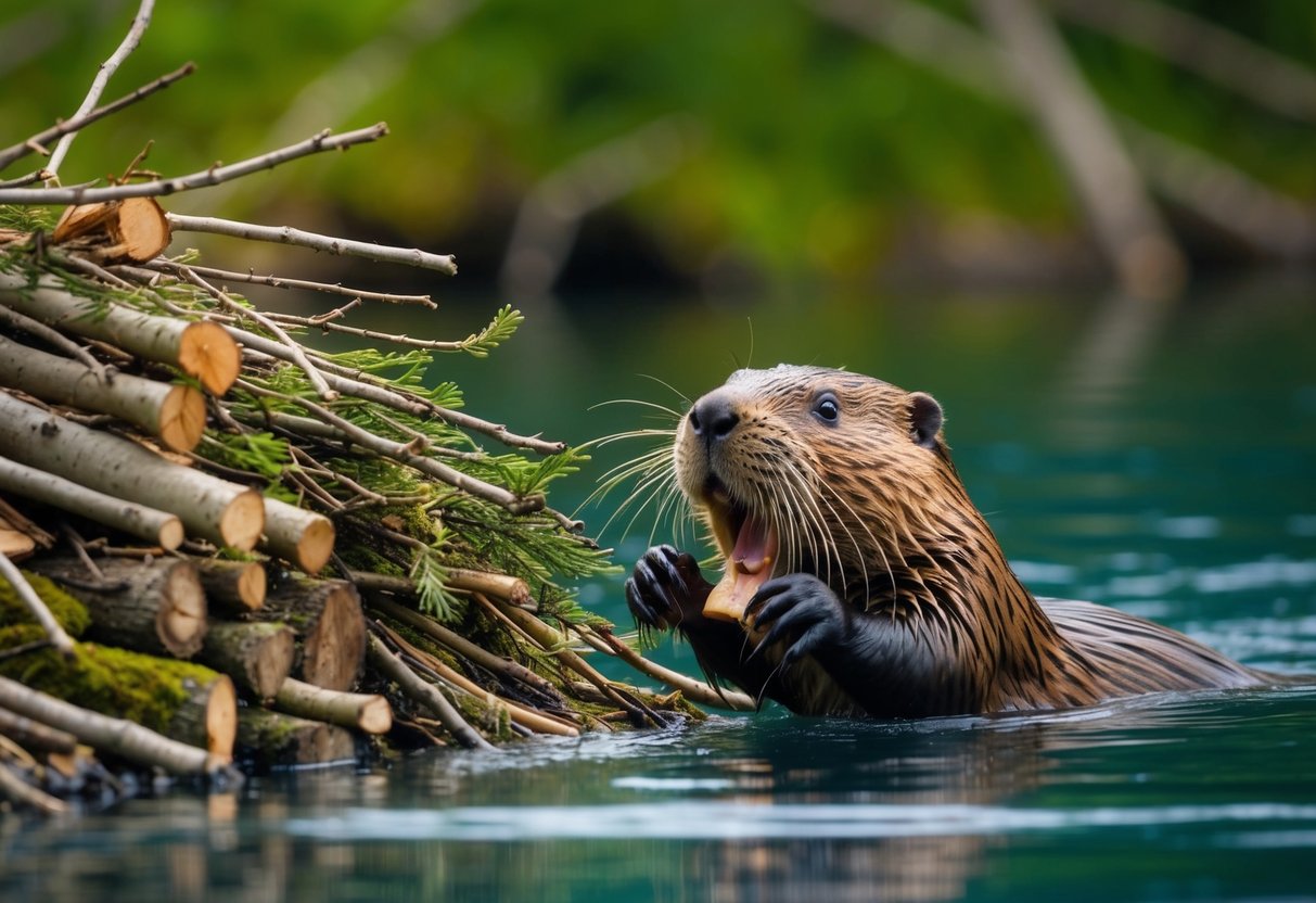 A beaver swimming towards a pile of freshly cut branches and twigs, eagerly grabbing them with its teeth and dragging them back to its lodge