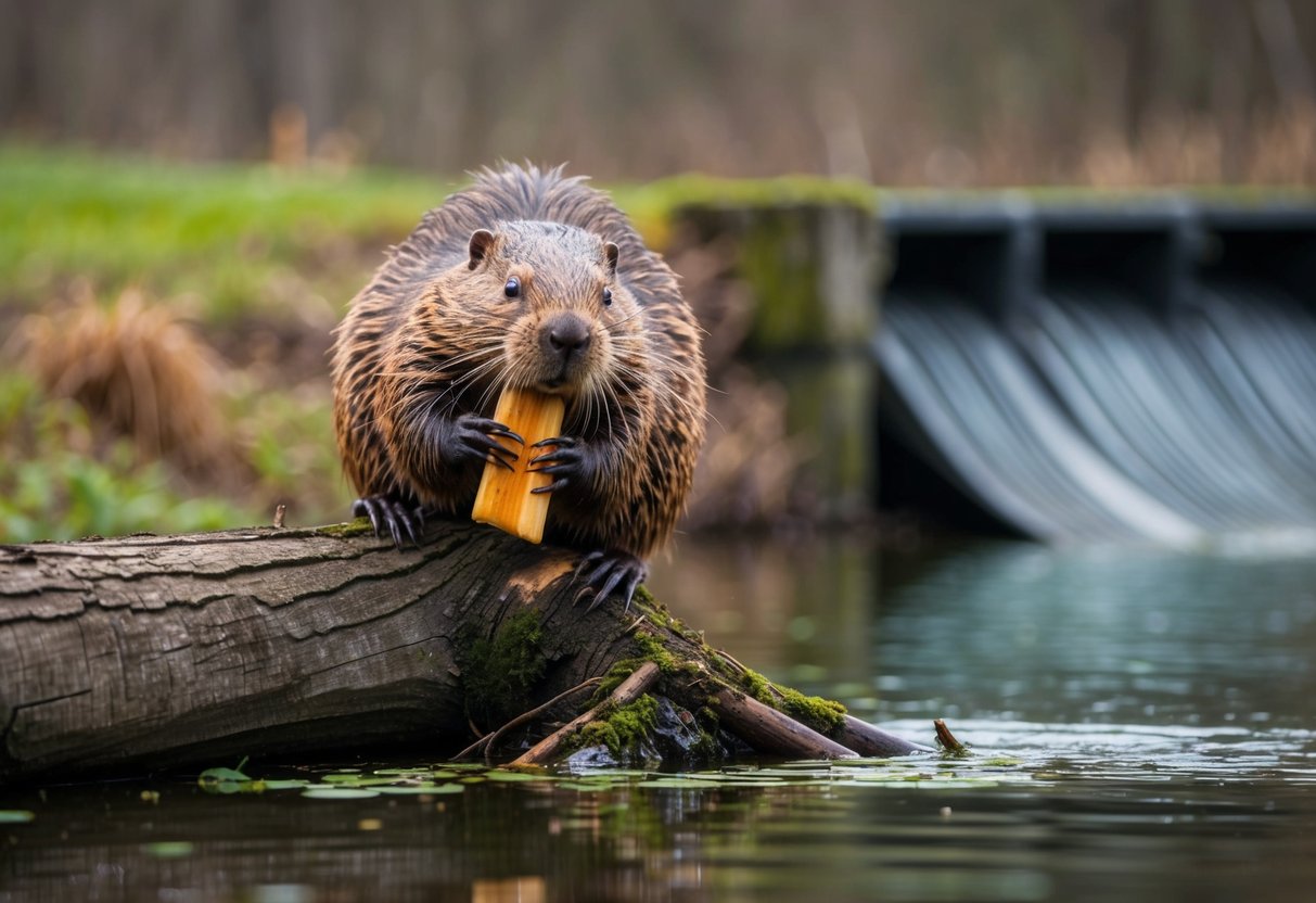 A beaver gnaws on a fallen tree, surrounded by a dam and pond