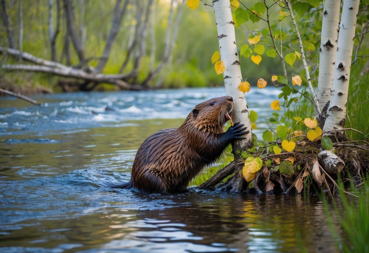 Beavers gnaw on aspen, willow, and maple trees near a flowing river. They are drawn to the scent of fresh alder and birch leaves