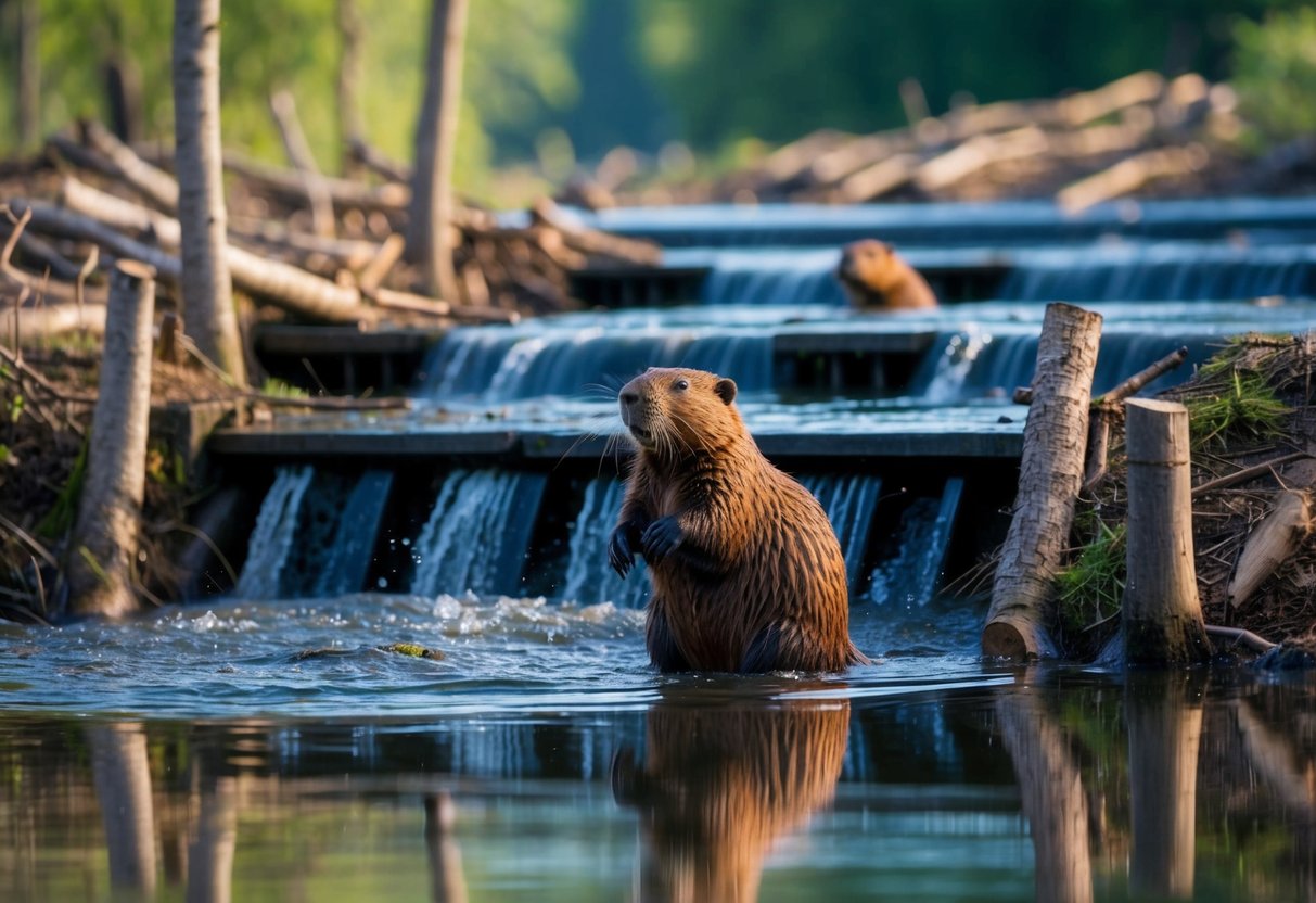 Beavers building a dam, surrounded by felled trees and a bustling ecosystem of other animals benefiting from the water retention