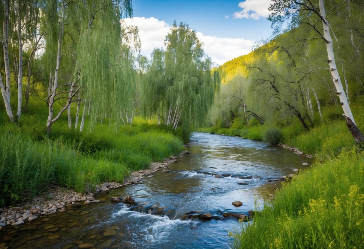 A lush riverside with a variety of vegetation, including willow and aspen trees, with a clear stream flowing through, surrounded by a peaceful and natural environment