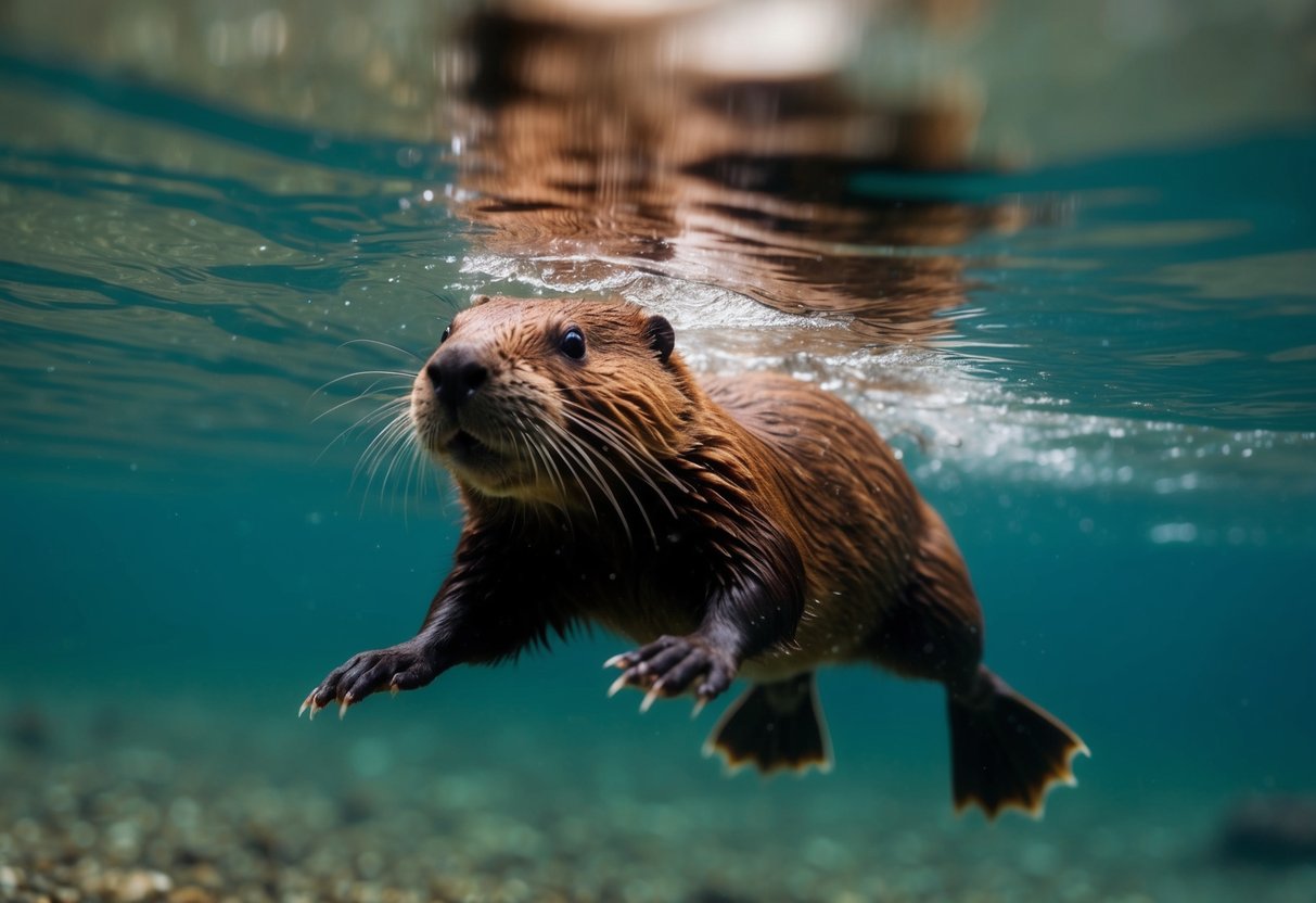 A beaver swimming underwater, its webbed feet propelling it forward as it gracefully maneuvers through the murky depths of a tranquil river