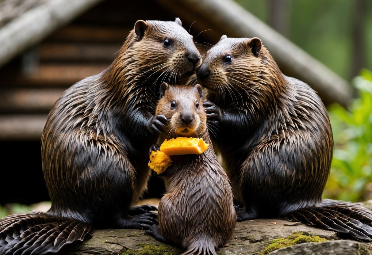 A beaver family huddles together in their lodge, sharing food and grooming each other