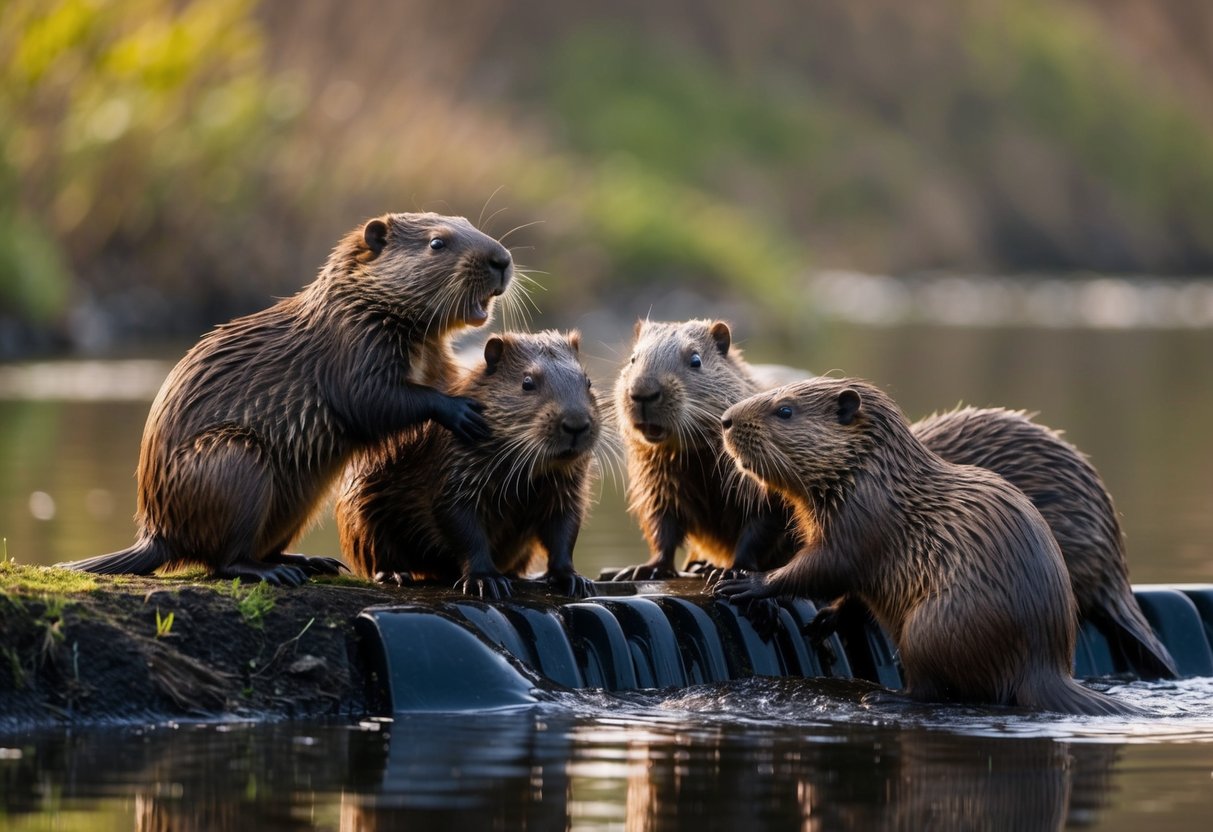 A group of beavers grooming each other and working together to build a dam