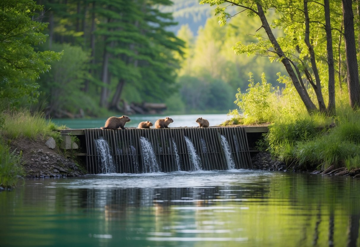 A beaver family builds a dam in a tranquil river, surrounded by lush green trees and a variety of wildlife