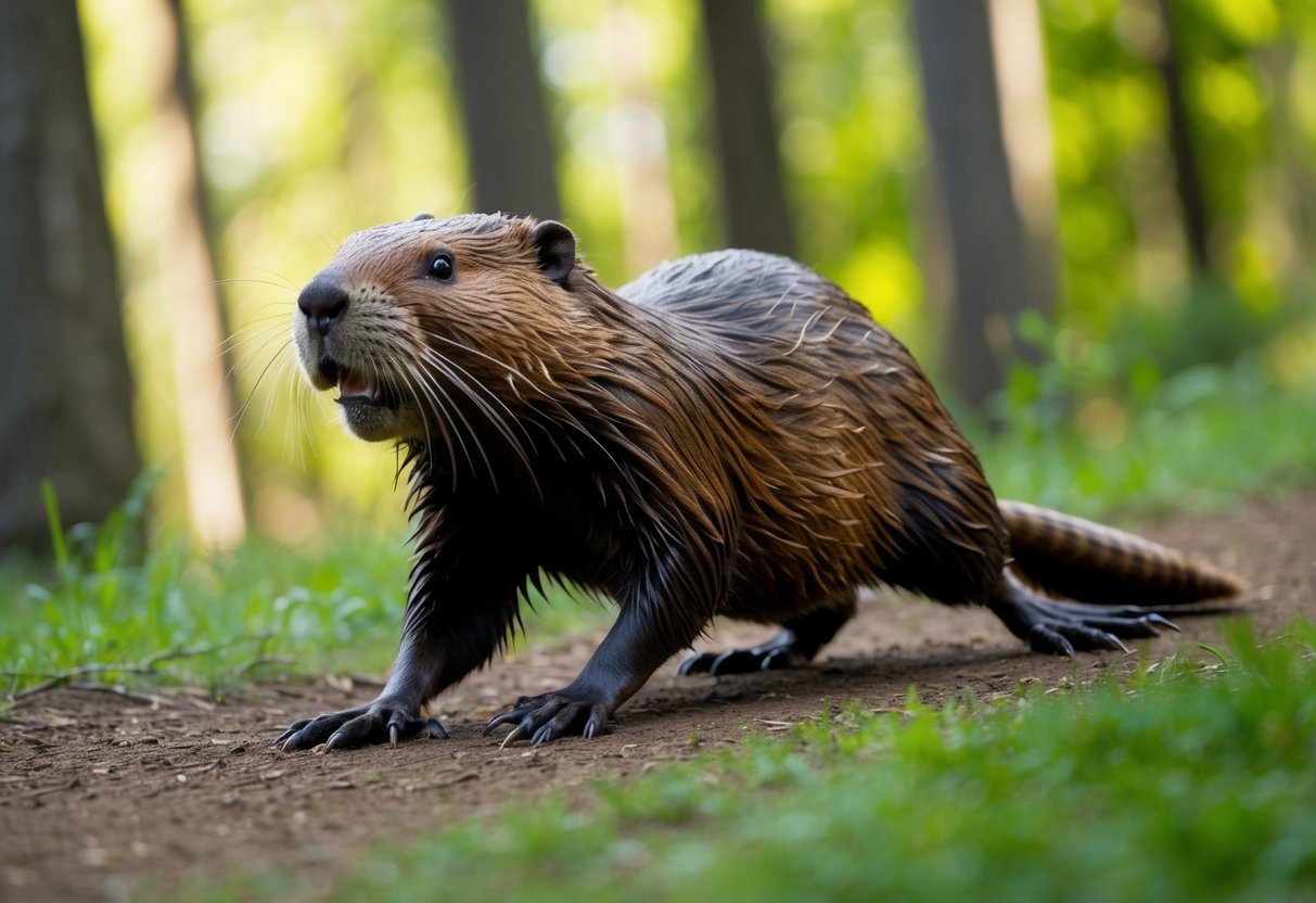 A beaver dashes through a forest, its powerful legs propelling it forward with impressive speed. Its sleek, waterproof fur glistens in the sunlight as it moves with agility and grace