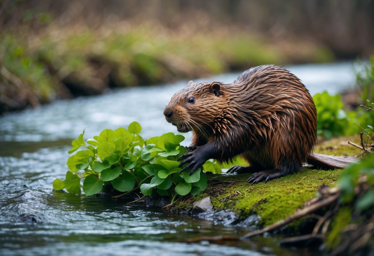A beaver munches on fresh green vegetation near a flowing stream