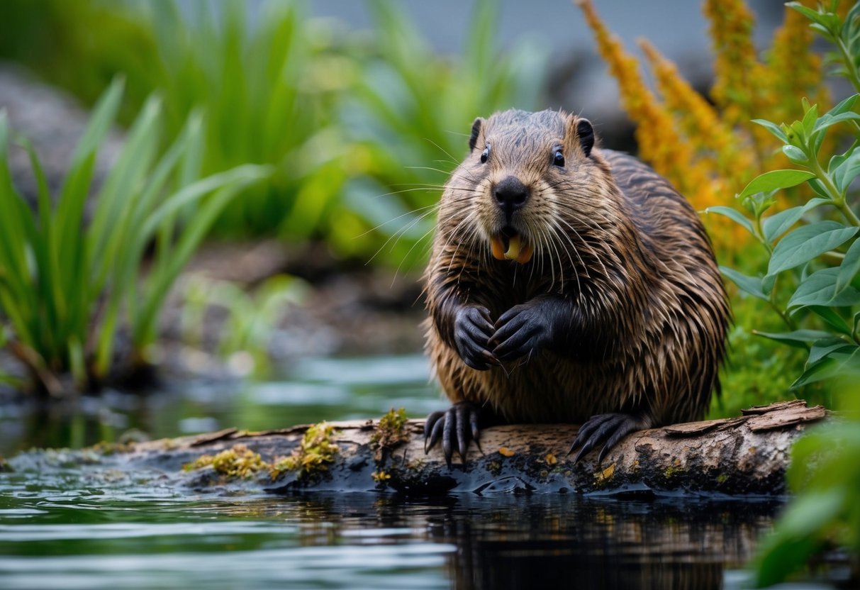 A beaver gnaws on tree bark surrounded by a variety of plants and water