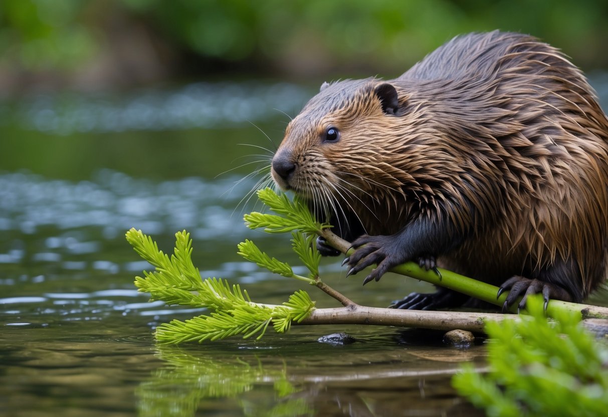 A beaver gnaws on fresh green branches near a clear, flowing stream