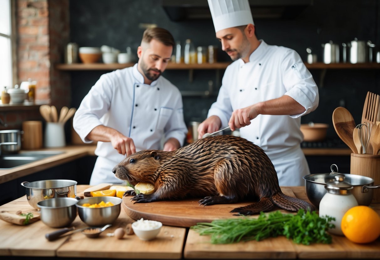 A beaver carcass surrounded by various cooking utensils and ingredients, with a chef preparing a meal in a rustic kitchen setting