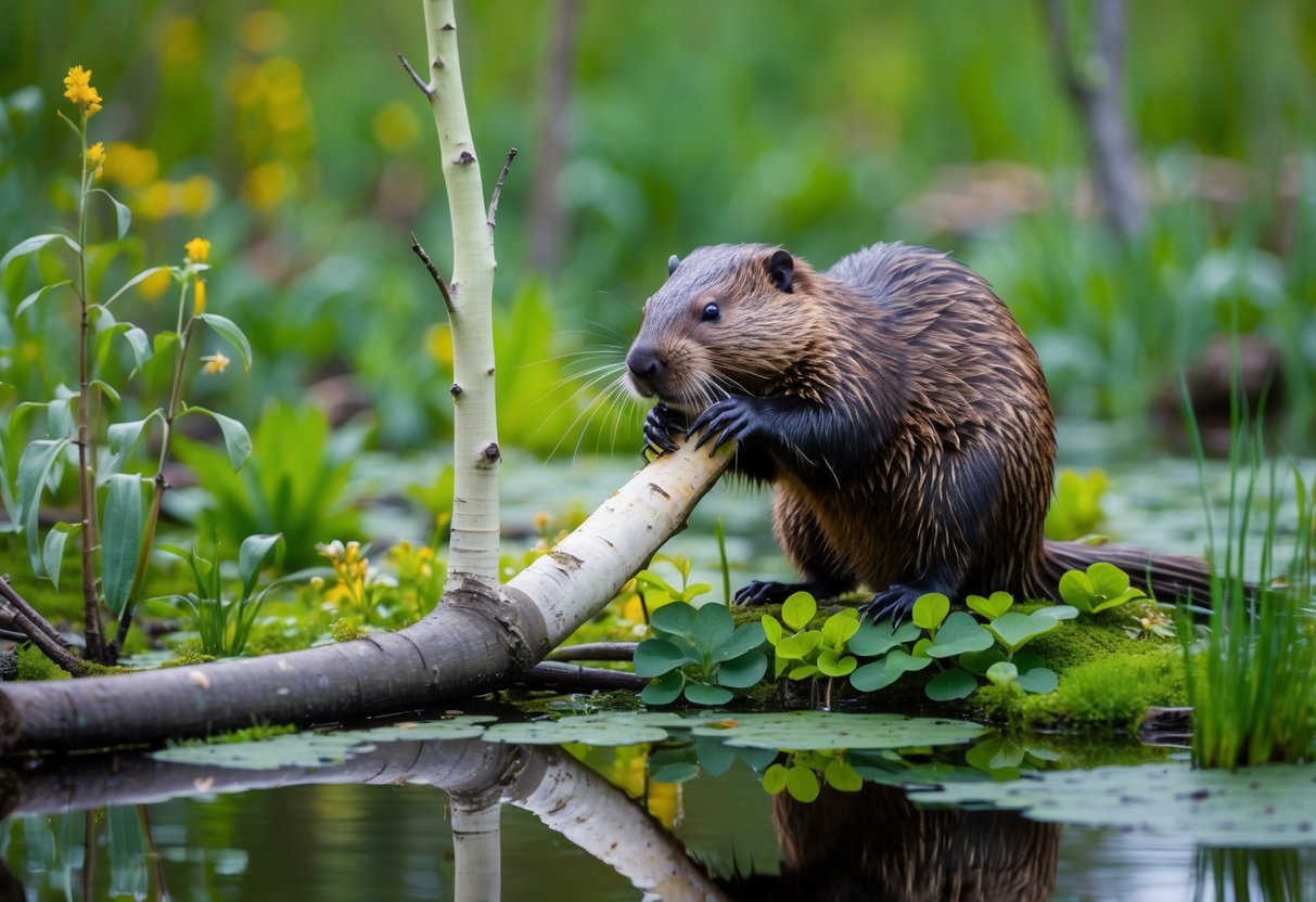 A beaver gnaws on a freshly cut aspen branch, surrounded by a diverse array of plants and animals in a lush, tranquil wetland
