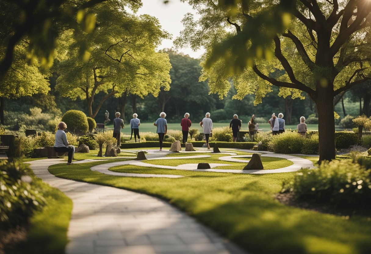 A serene park with winding paths, vibrant gardens, and elderly individuals engaged in activities like yoga, puzzles, and socializing