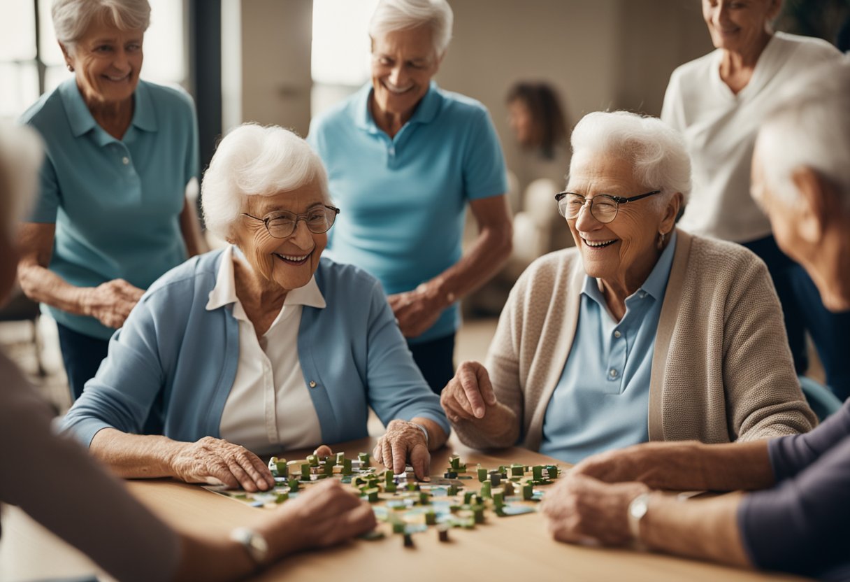 A group of seniors engaging in various activities such as puzzles, exercise, and socializing in a vibrant community center