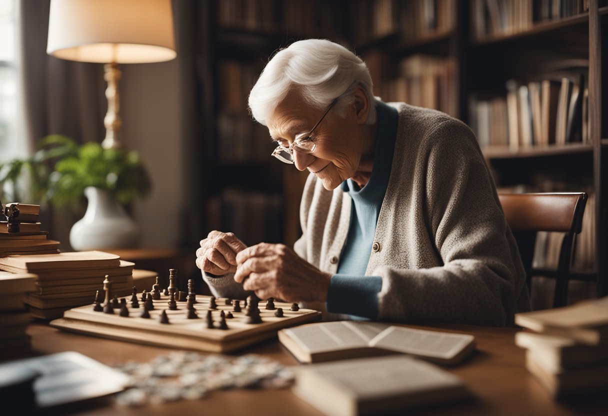 A serene elderly person engaging in cognitive exercises surrounded by books, puzzles, and brain-training games in a cozy, well-lit room