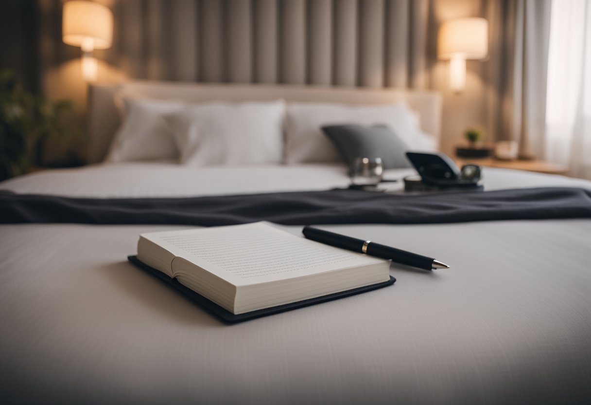 A serene bedroom with a comfortable bed, soft lighting, and calming decor. A journal and pen sit on the nightstand, while a soothing sound machine hums in the background