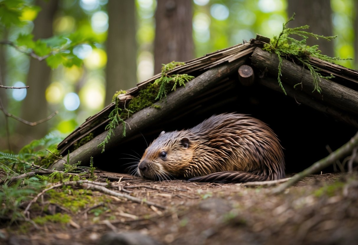 A beaver sleeps peacefully in its lodge, nestled among the trees and surrounded by the tranquil sounds of nature