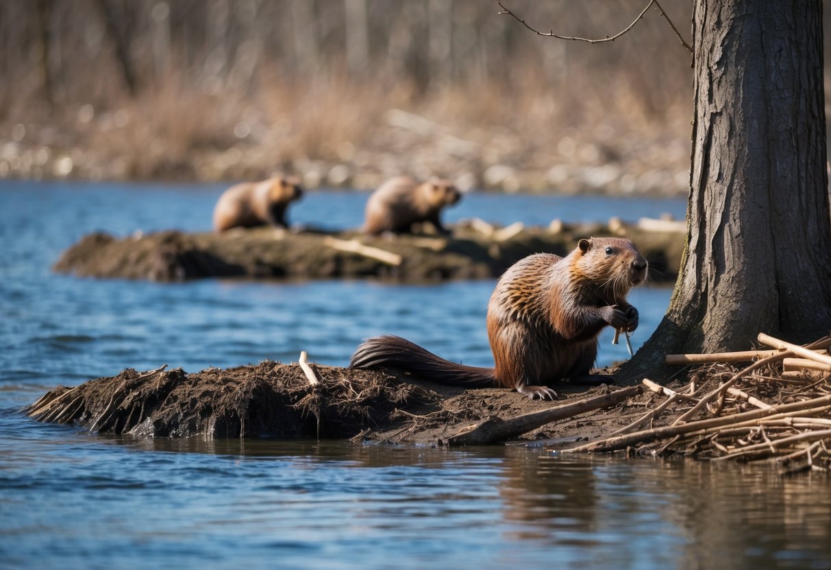 A beaver gnaws on a tree, while others gather sticks and mud to build a dam and lodge near a tranquil river