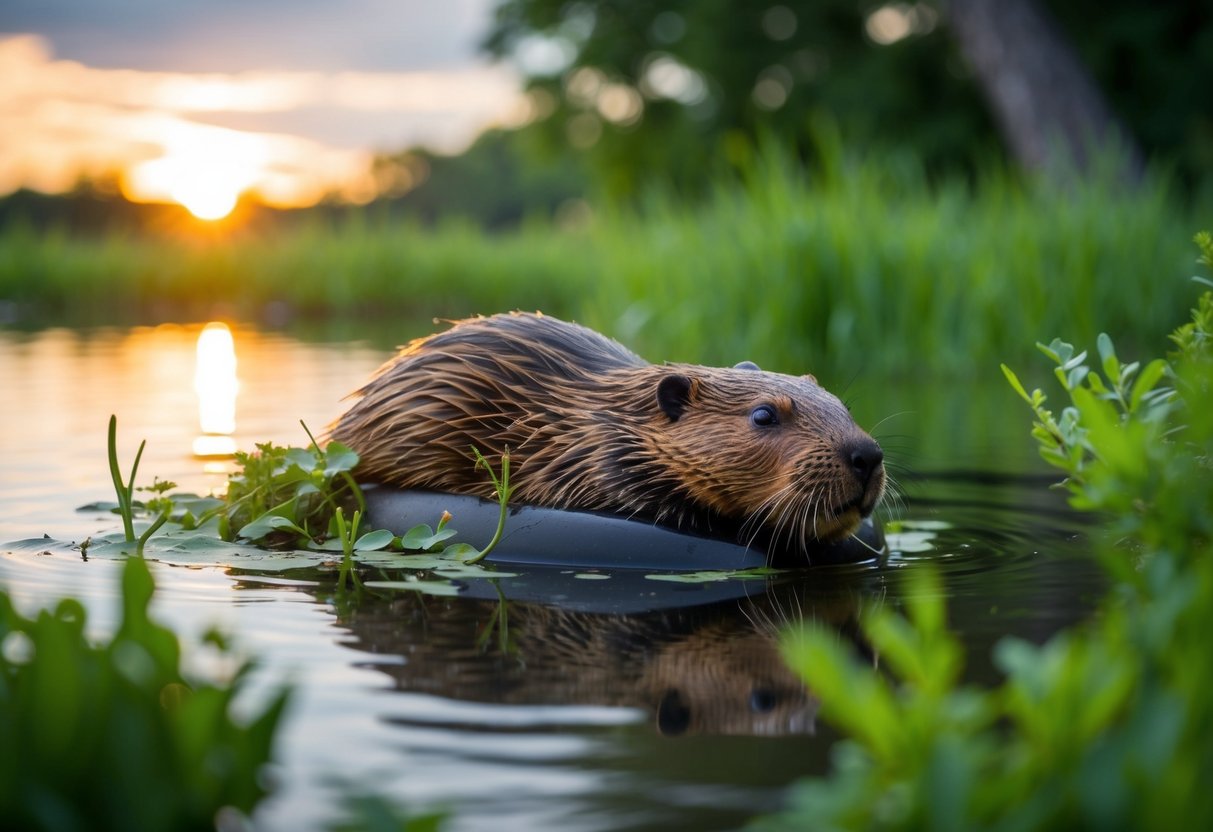 A beaver nestled in its lodge, surrounded by a tranquil pond and lush greenery, with the sun setting in the background