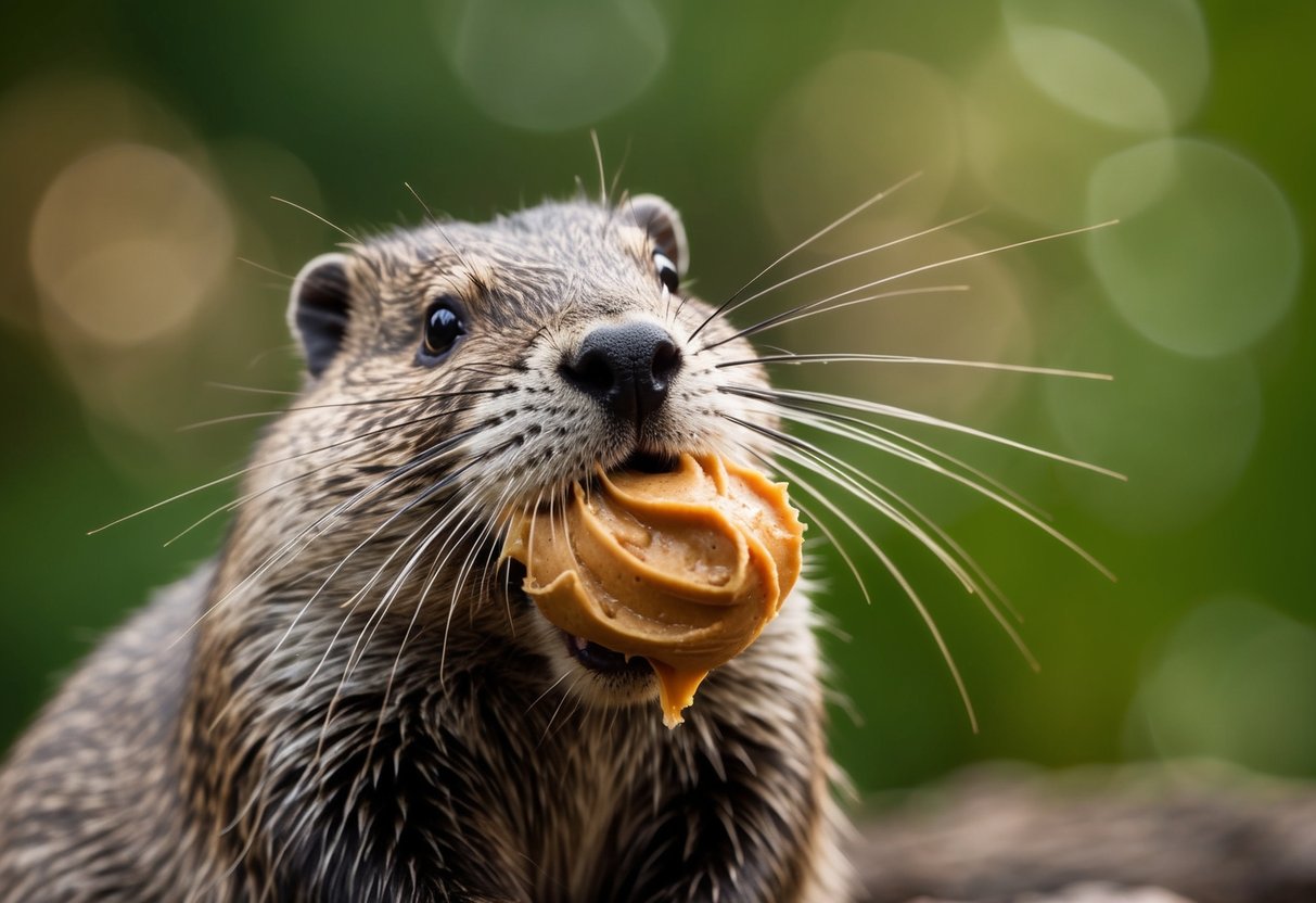 A beaver eagerly nibbles on a dollop of peanut butter, its whiskers twitching with delight
