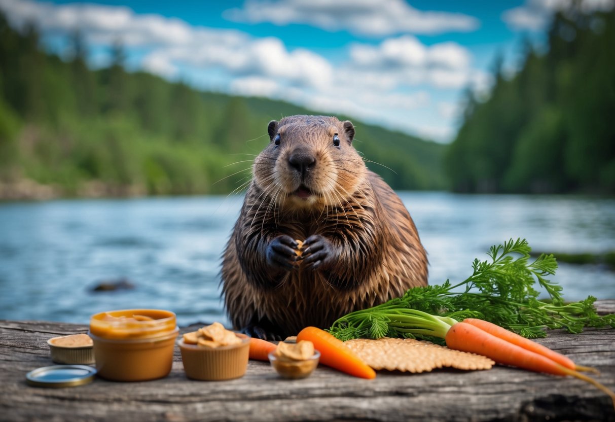 A beaver sits by a river, surrounded by a variety of food items including peanut butter, carrots, and tree bark