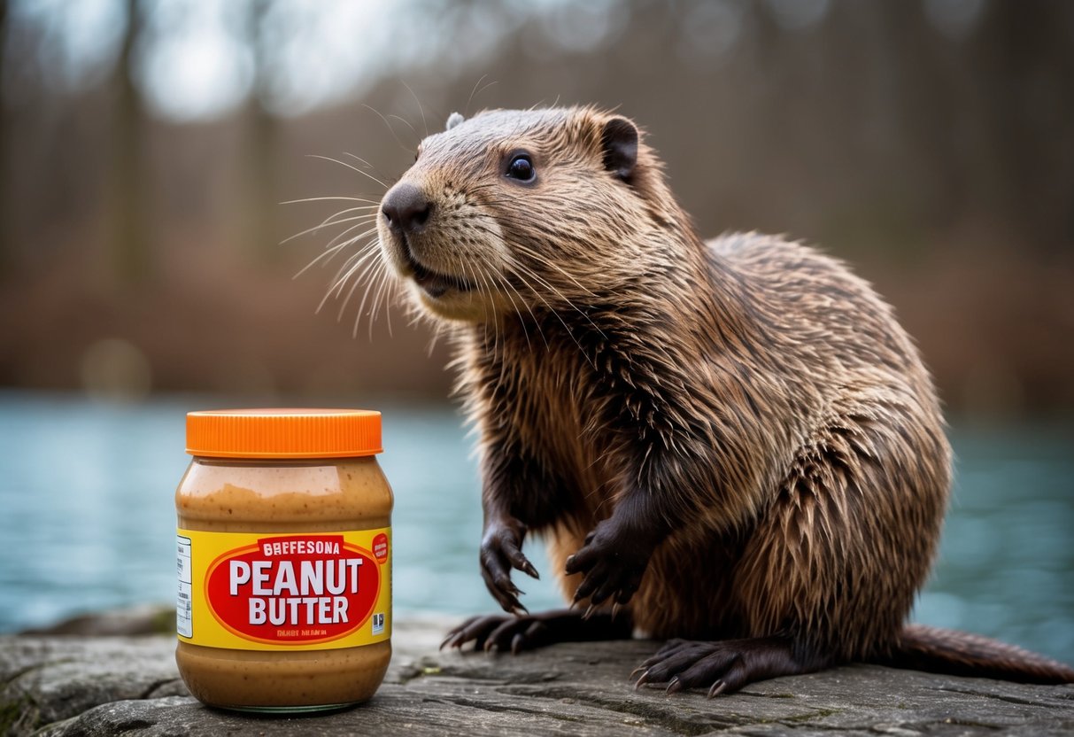 A beaver sitting near a jar of peanut butter, looking curious