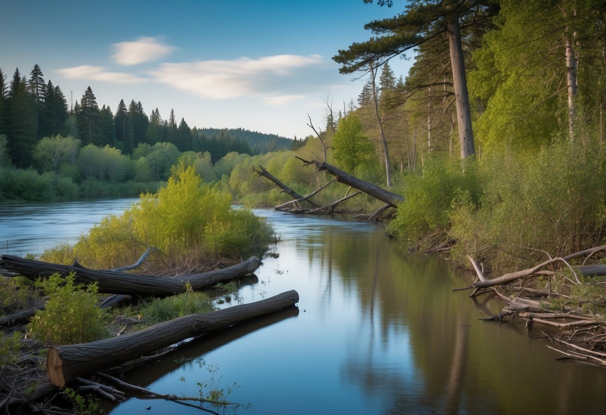 A tranquil riverbank with dense vegetation and fallen trees, surrounded by a mix of deciduous and coniferous trees