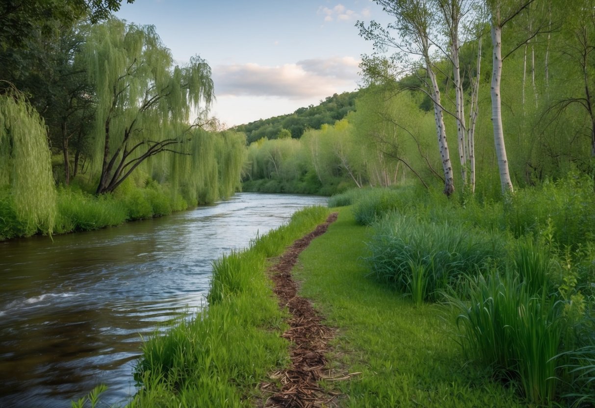A serene riverbank with lush vegetation and a variety of trees, including willows and aspens, with a strategically placed scent trail of beaver-friendly food sources leading to the water's edge