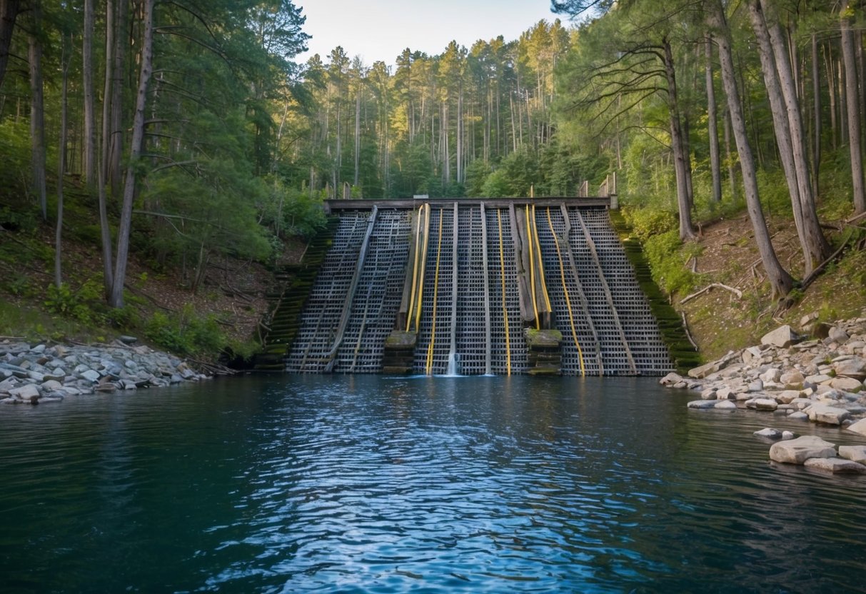 A beaver dam surrounded by trees and water, with strategically placed scent-based attractants and deterrents