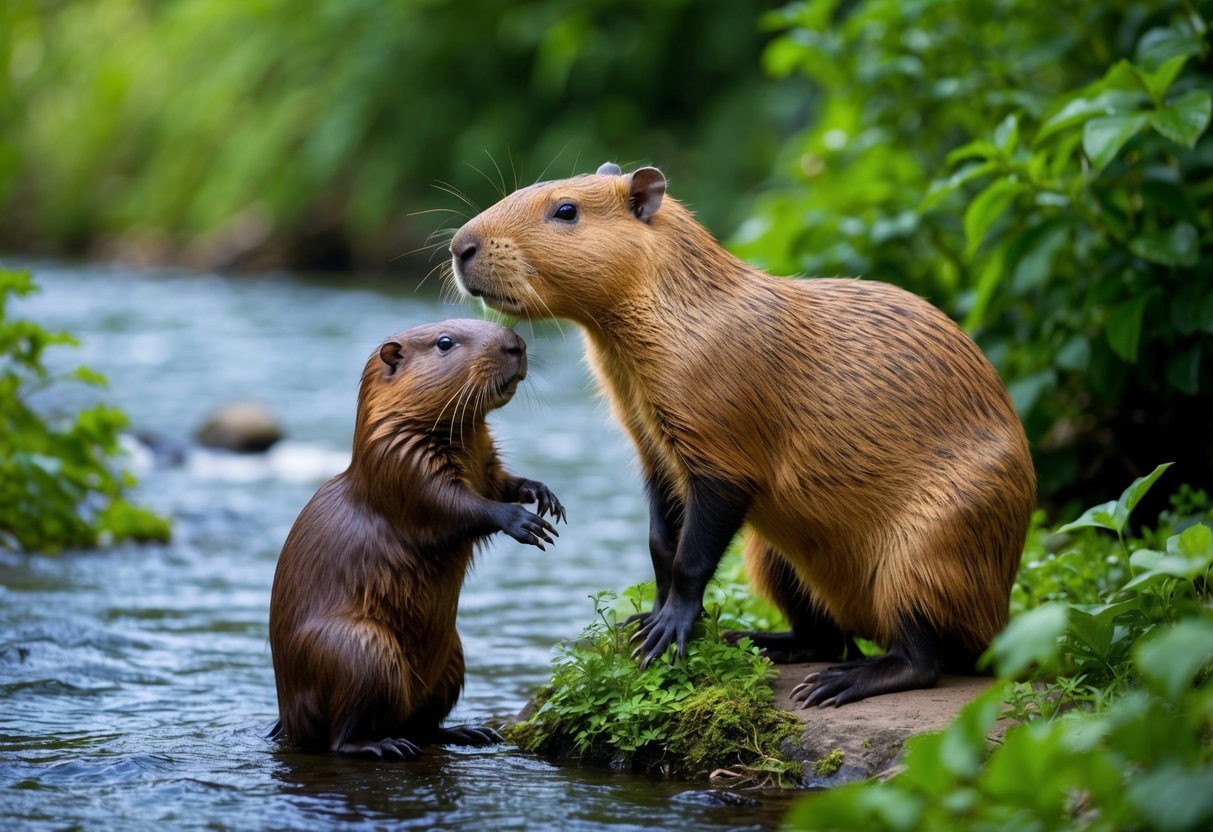 A capybara stands beside a beaver, towering over it in size, surrounded by lush green foliage near a flowing river