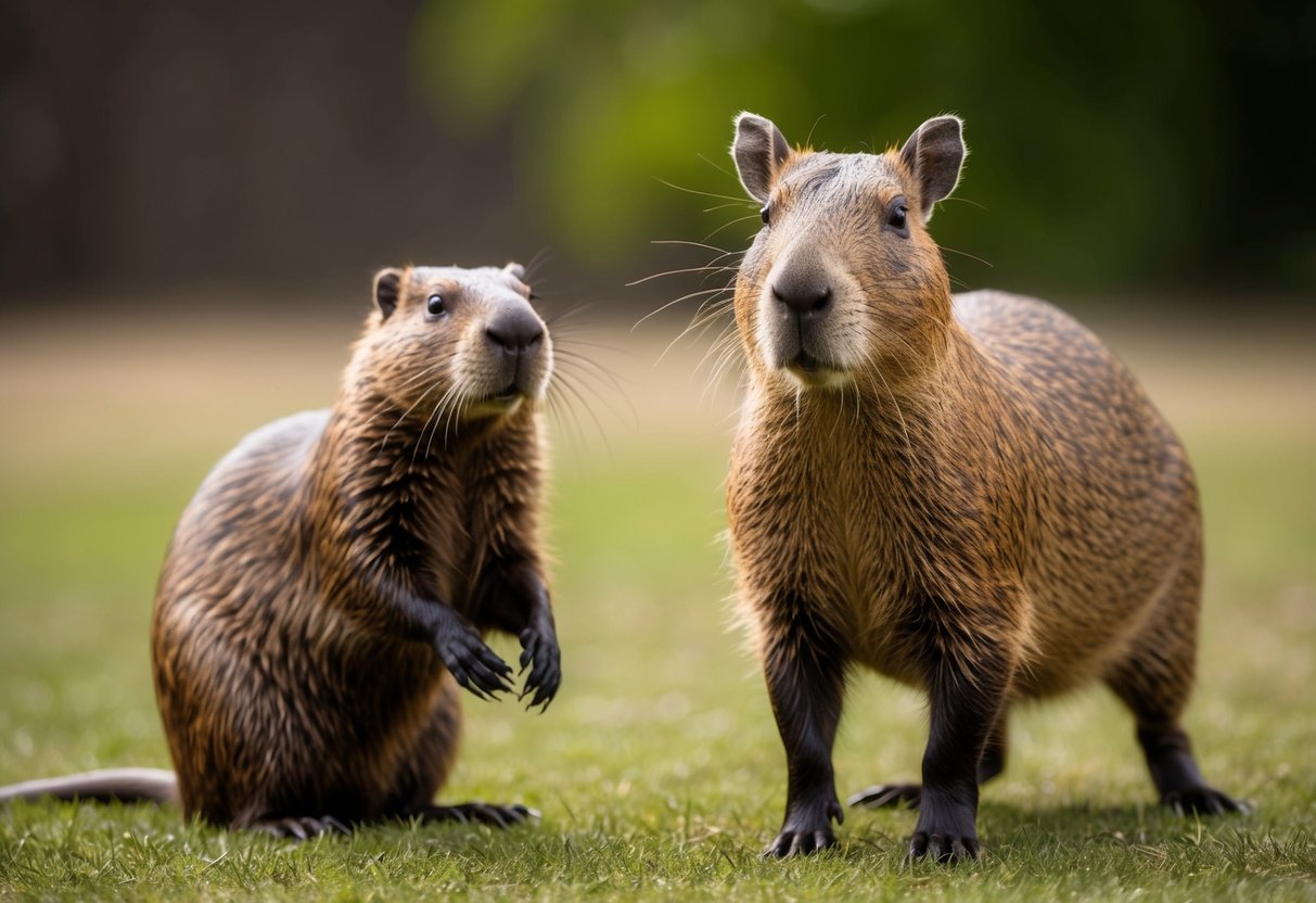 A capybara stands tall next to a beaver, showcasing its larger size