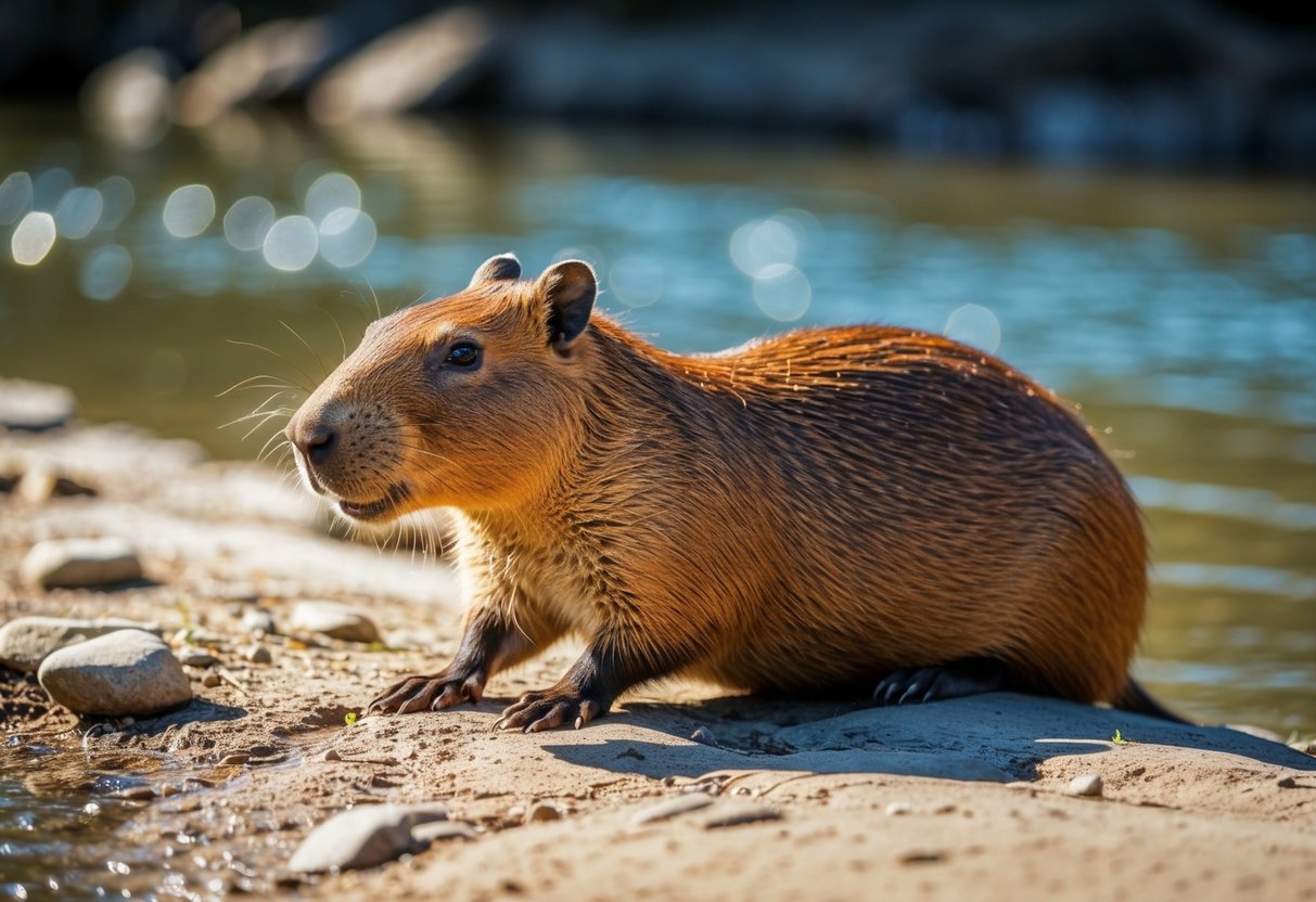 A capybara, the largest rodent, lounges by a river, its sleek, brown fur glistening in the sunlight