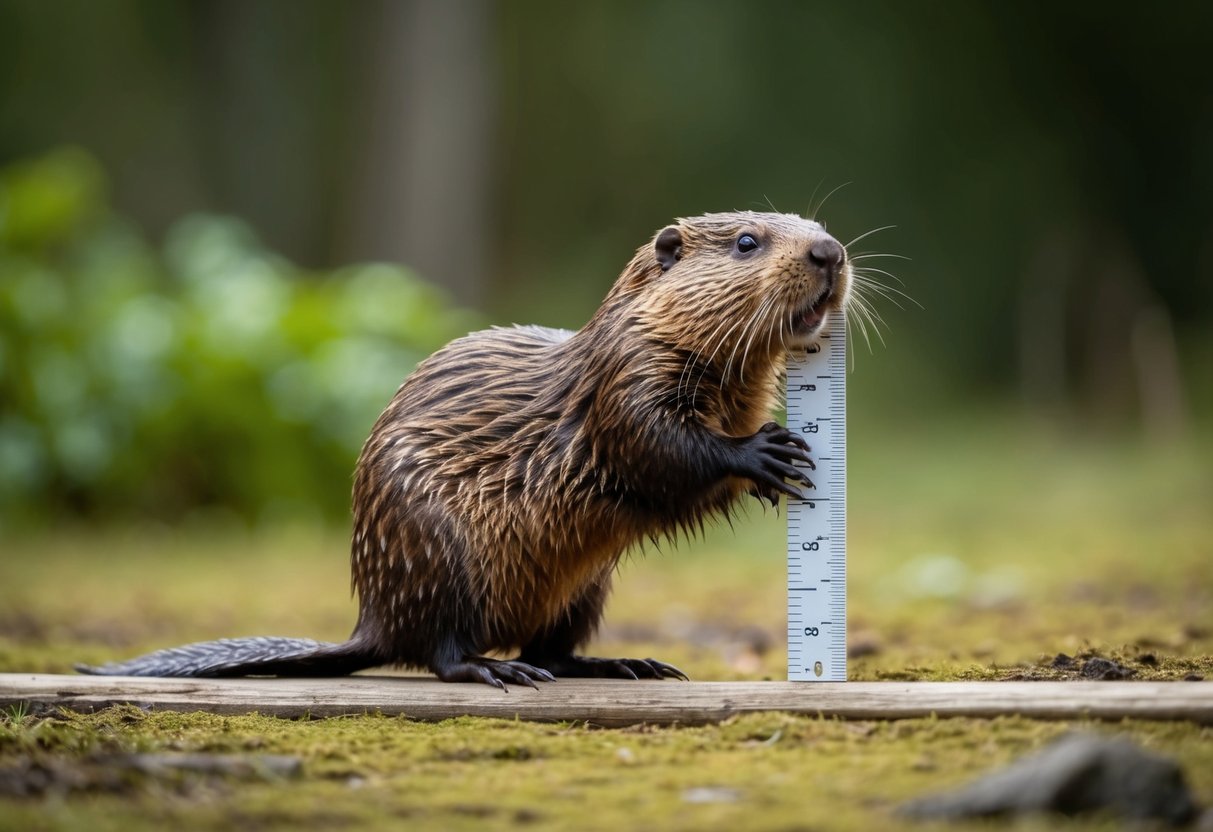 A British beaver stands next to a ruler, showcasing its size in a natural setting