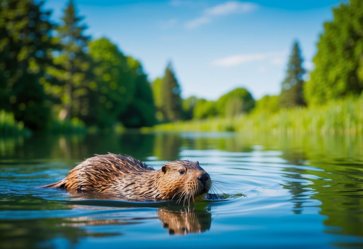 A beaver swims in a tranquil pond, surrounded by lush green trees and a clear blue sky