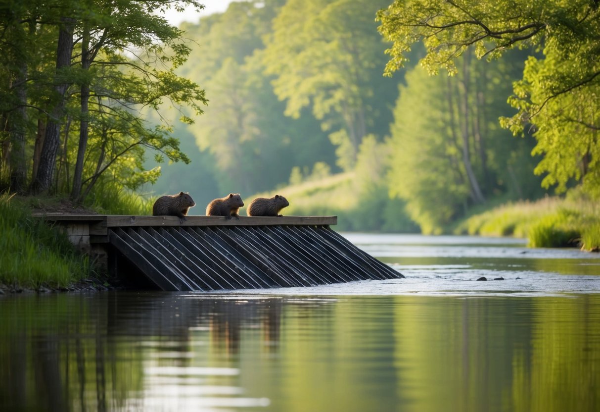 Beavers building a dam on a serene river, surrounded by lush green trees and a variety of wildlife
