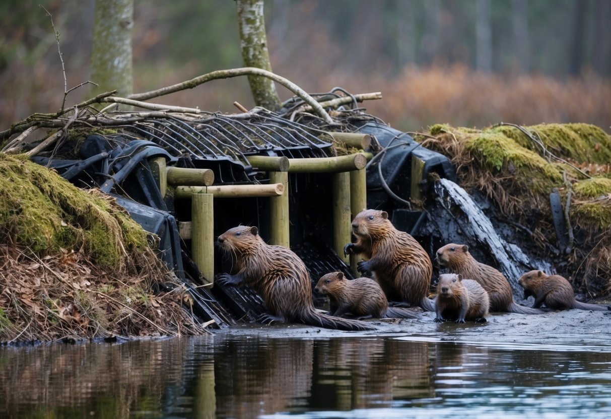 A beaver family building a dam and lodge, with kits playing nearby
