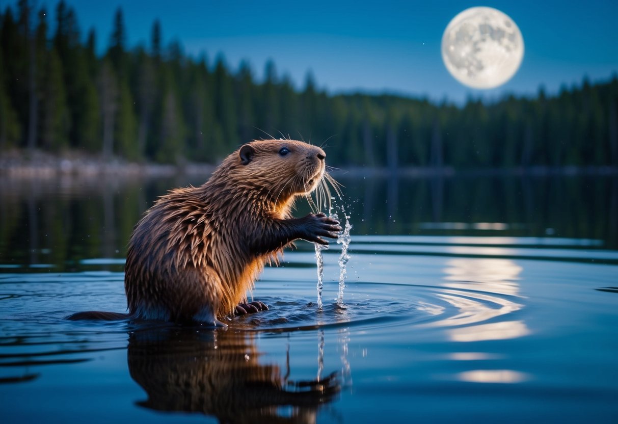 A beaver slaps its tail on the calm water surface under the moonlit sky, surrounded by a dense forest