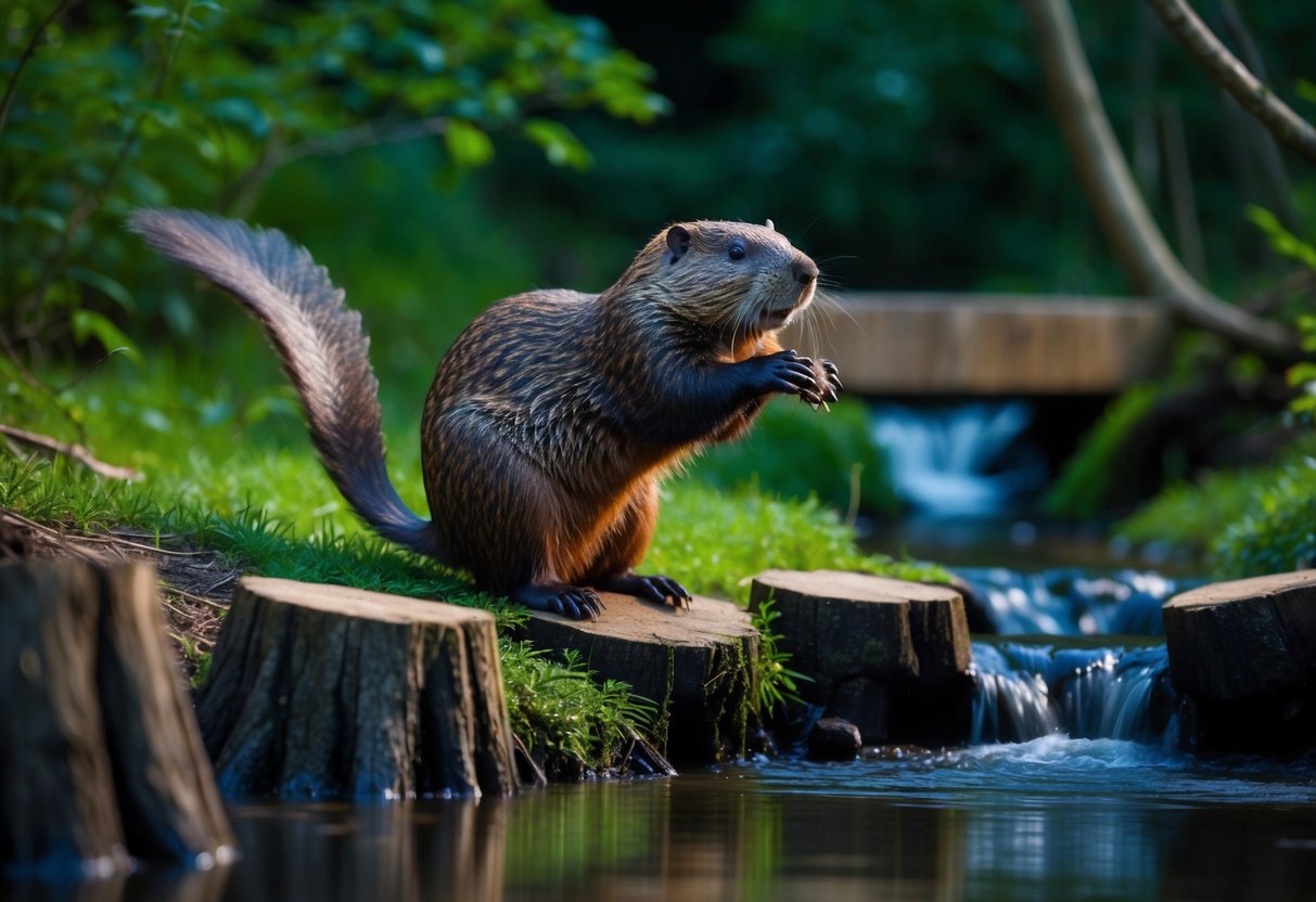 A beaver slaps its tail at night near a stream in a lush forest habitat, surrounded by gnawed tree stumps and a dam