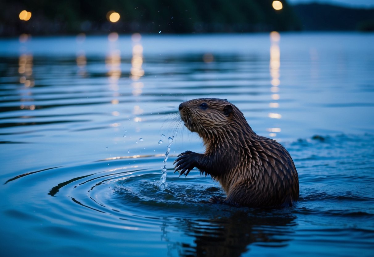 A beaver slaps its tail on the surface of a calm river at night, creating ripples in the water, as it communicates with other beavers in the area