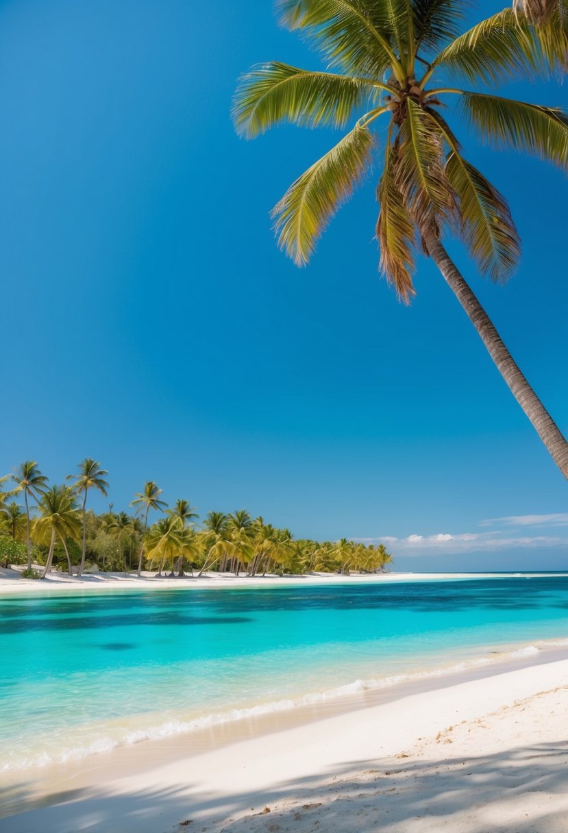 Turquoise waters, white sand, and palm trees line the shore of a pristine beach, with a clear blue sky and gentle waves