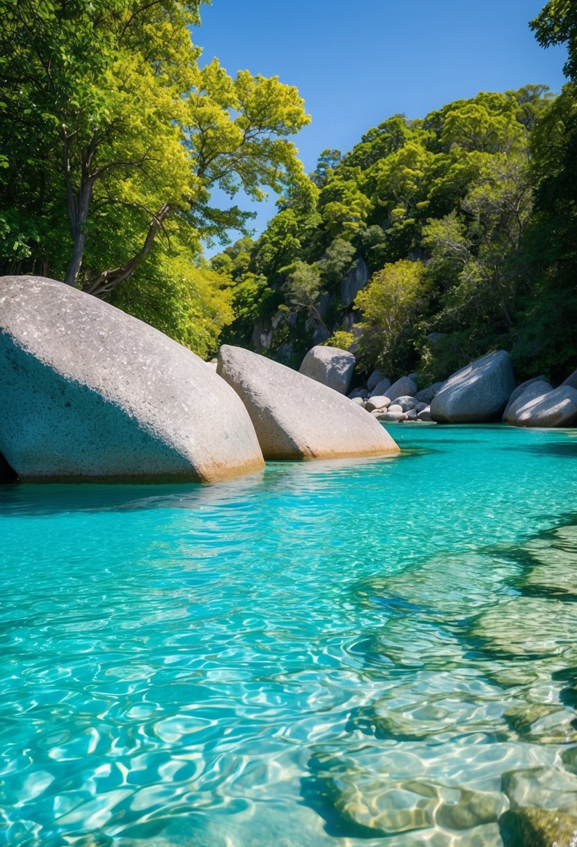 Crystal clear turquoise waters lap against smooth granite boulders, surrounded by lush greenery under a bright blue sky